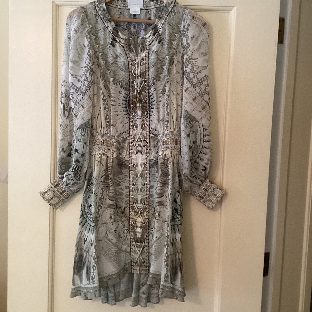Camilla 100% Silk Daintree Dreaming Lace Up Shirred Waist Dress Blouson Sleeves - Picture 4 of 16